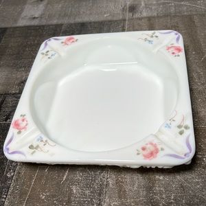 Westmoreland Embossed Grape Pattern White Glass Pink Floral HandPainted Ash Tray